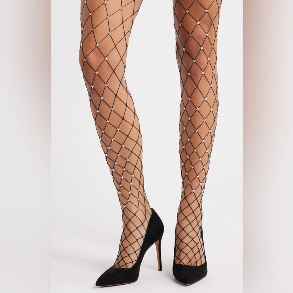 High Heel Jungle Star Struck Fishnet Tights OS Black with Silver stars
